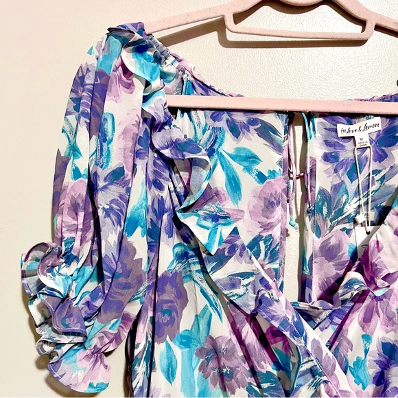 NWT For Love & Lemons Shelly Floral Lilac Ruffled Mini Puff Sleeve DressMSRP$236 - Picture 6 of 16